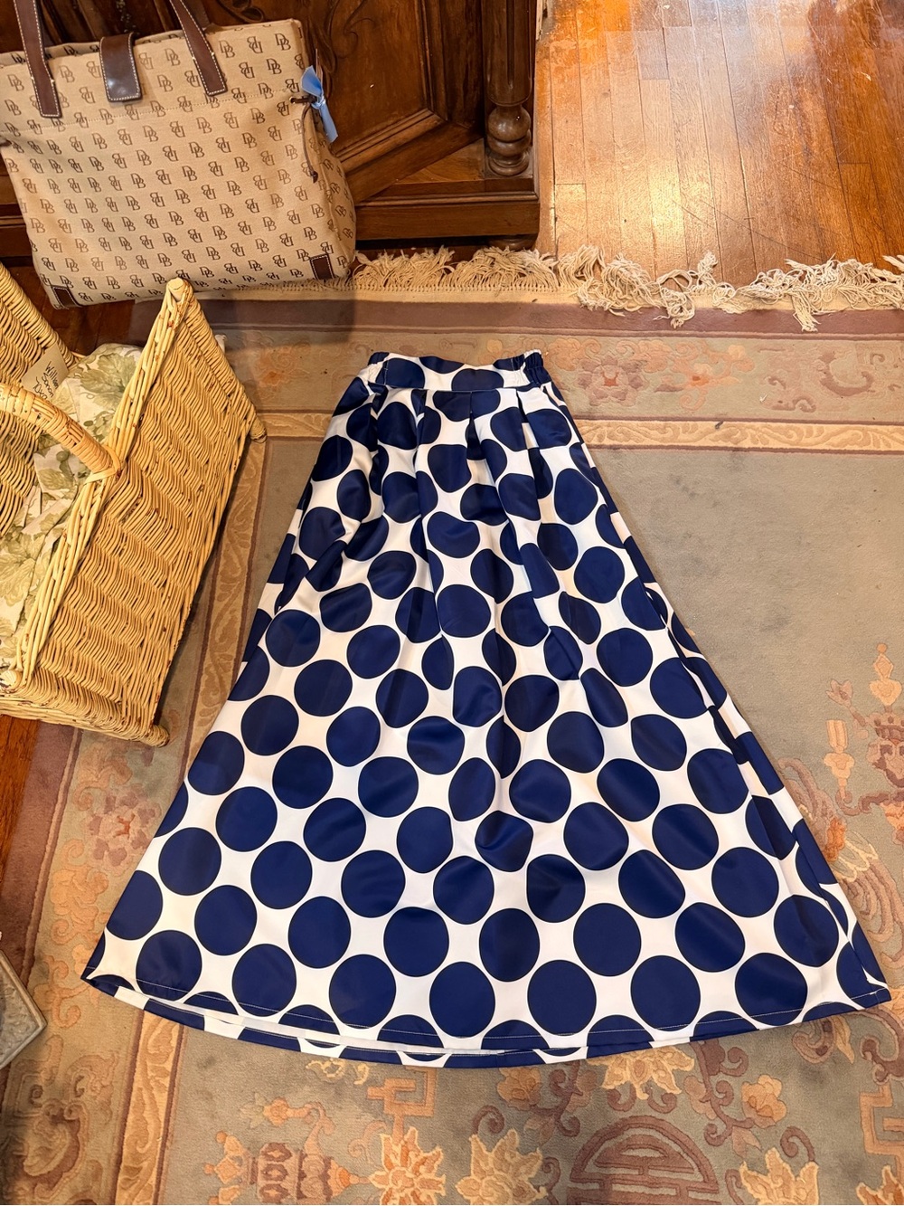 Navy and White Polka Dot Maxi Skirt - Elegant Full-Length A-Line